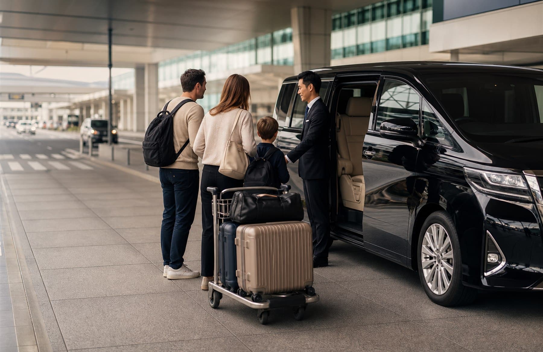 專業司機在日本機場協助旅客與行李上私人廂型車